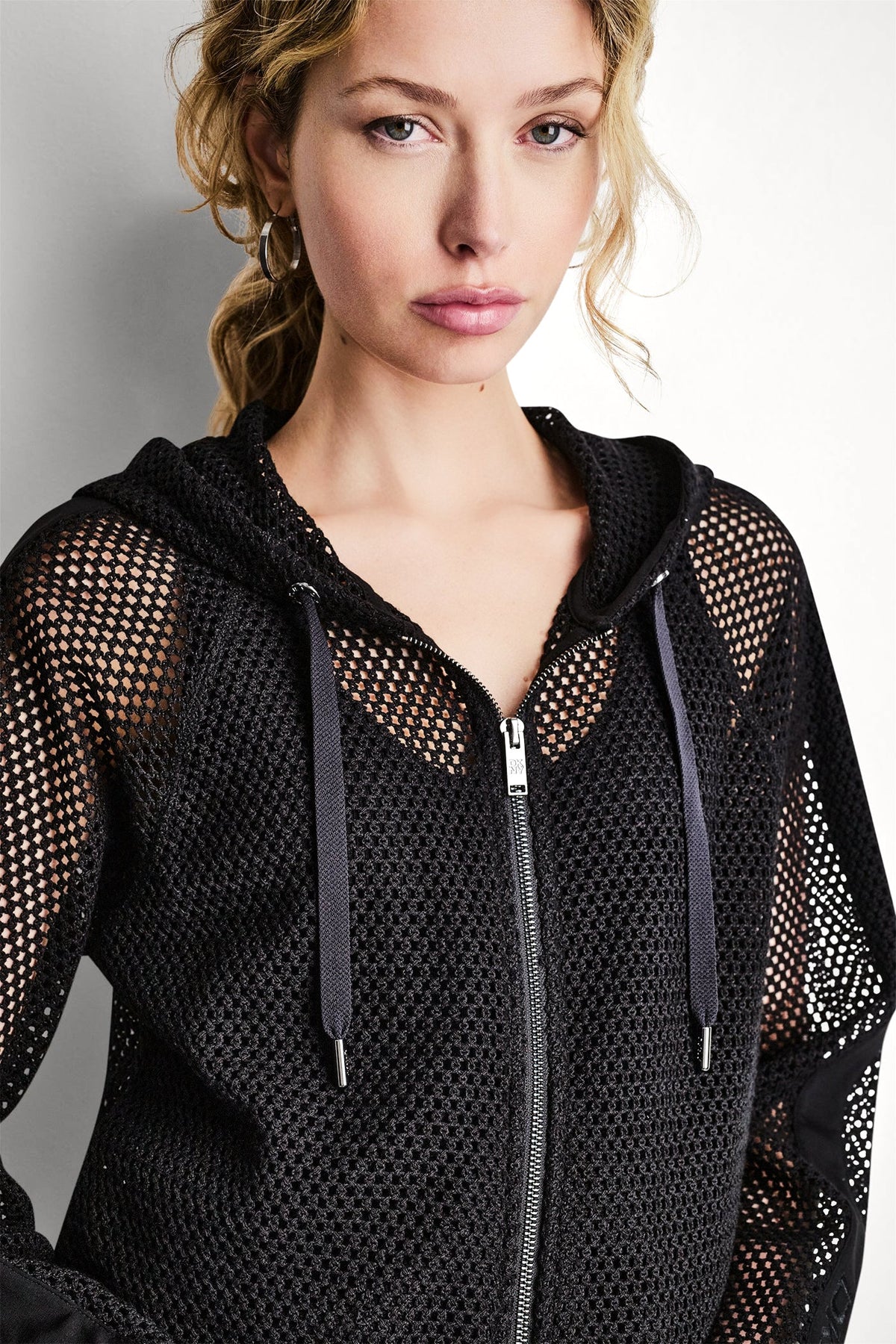 DKNY MESH LOGO ZIP-UP HOODIE