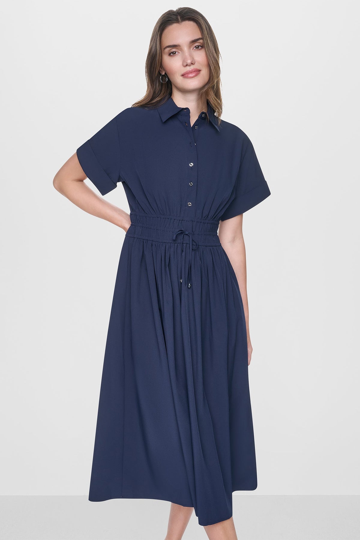 DKNY CAP SLEEVE MIDI COMMUTER SHIRT DRESS