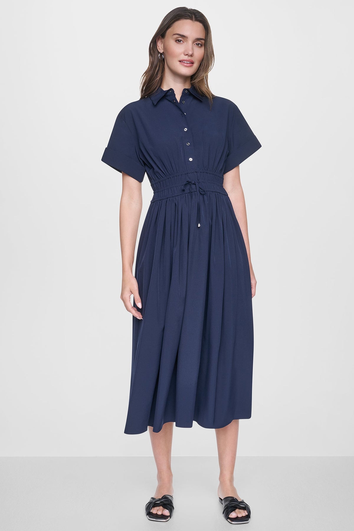 DKNY CAP SLEEVE MIDI COMMUTER SHIRT DRESS