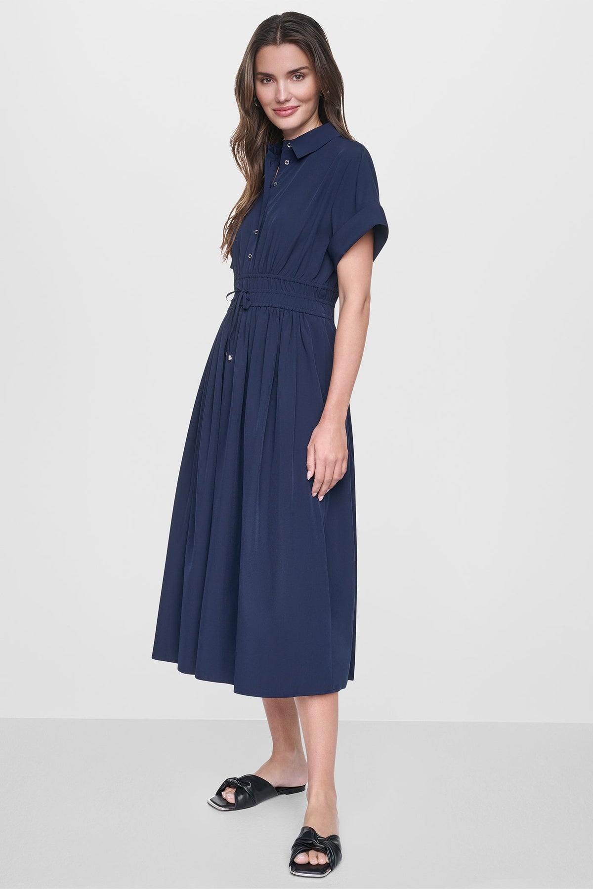 DKNY CAP SLEEVE MIDI COMMUTER SHIRT DRESS