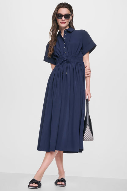 DKNY CAP SLEEVE MIDI COMMUTER SHIRT DRESS