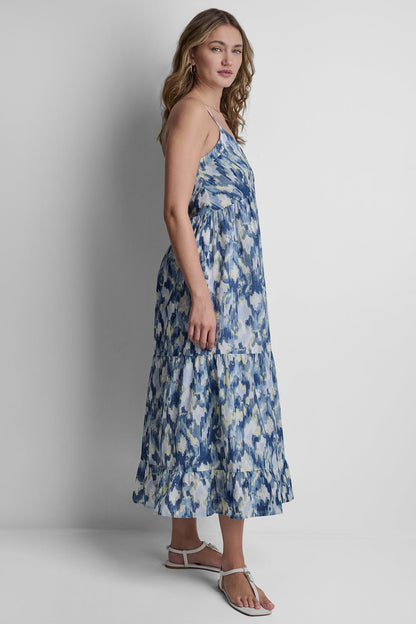 DKNY PRINTED TIERED MIDI TANK DRESS