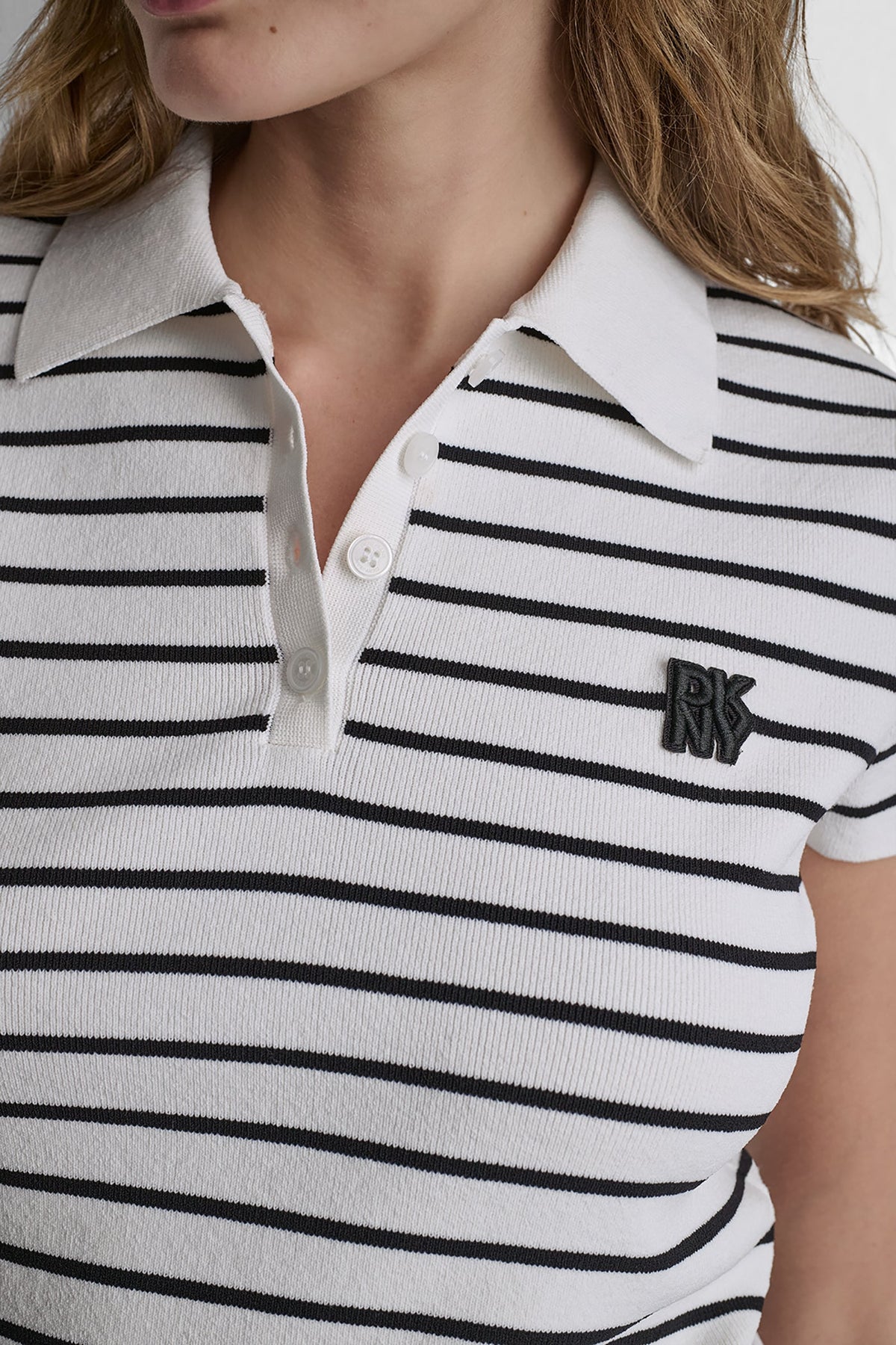 DKNY CROPPED STRIPED POLO SWEATER