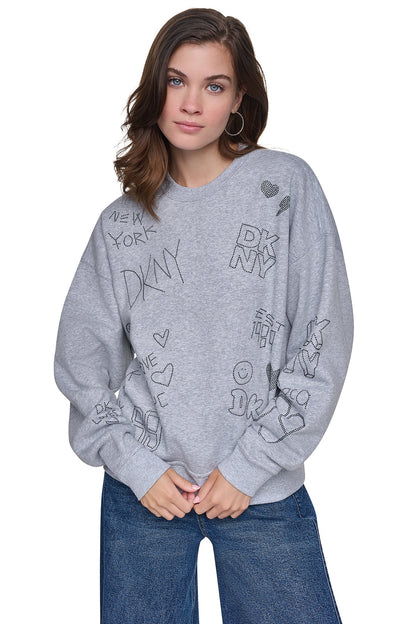 DKNY RHINESTONE GRAFFITI LOGO SWEATSHIRT