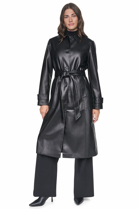 DKNY FAUX LEATHER BELTED LONG TRENCH