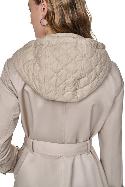 DKNY DOUBLE BREASTED QUILTED HOOD TRENCH
