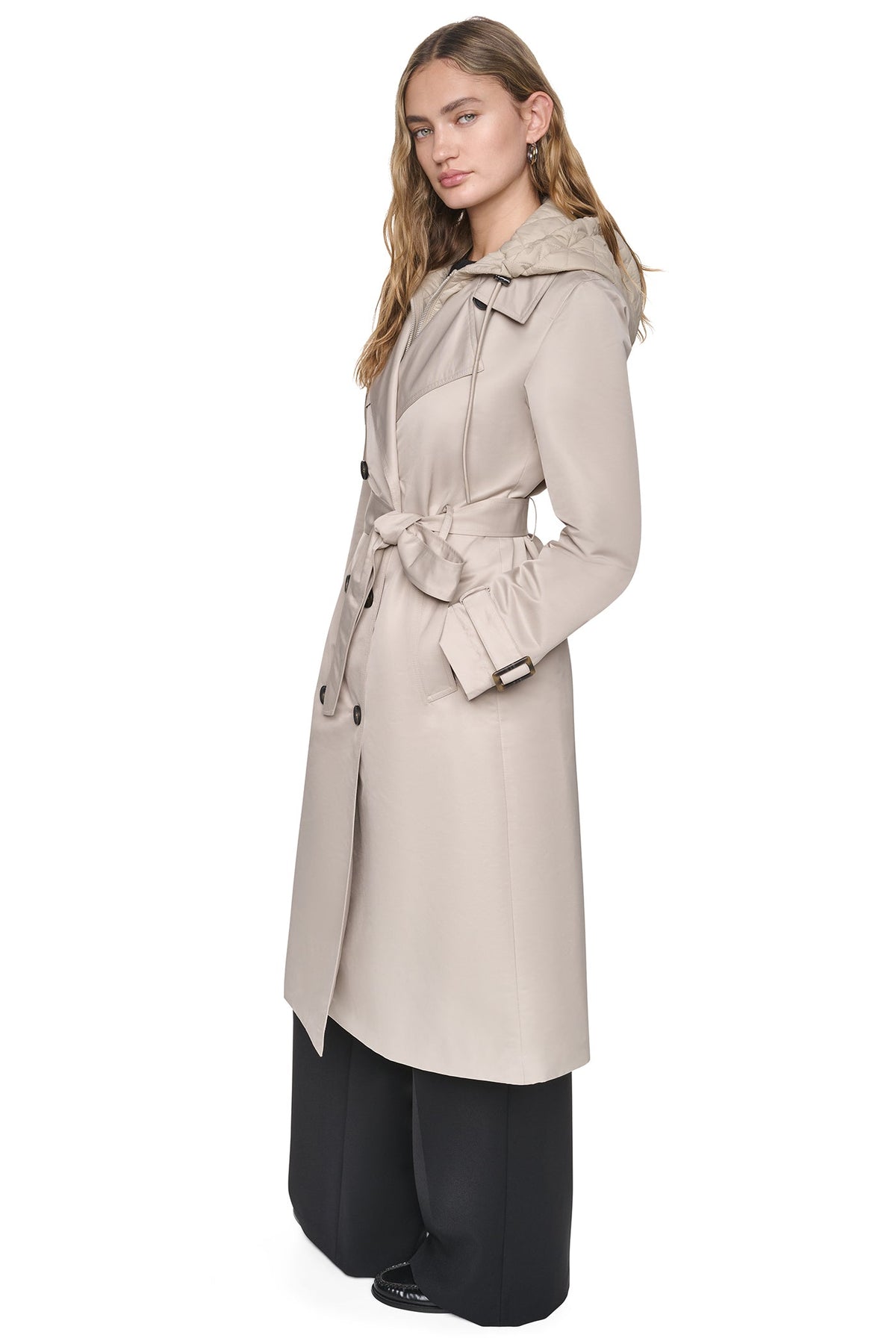 DKNY DOUBLE BREASTED QUILTED HOOD TRENCH