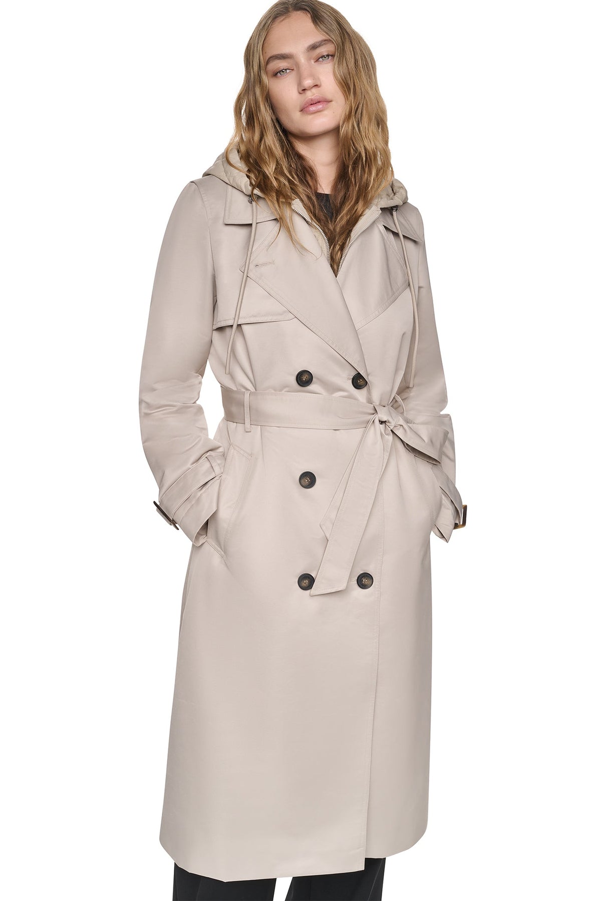 DKNY DOUBLE BREASTED QUILTED HOOD TRENCH