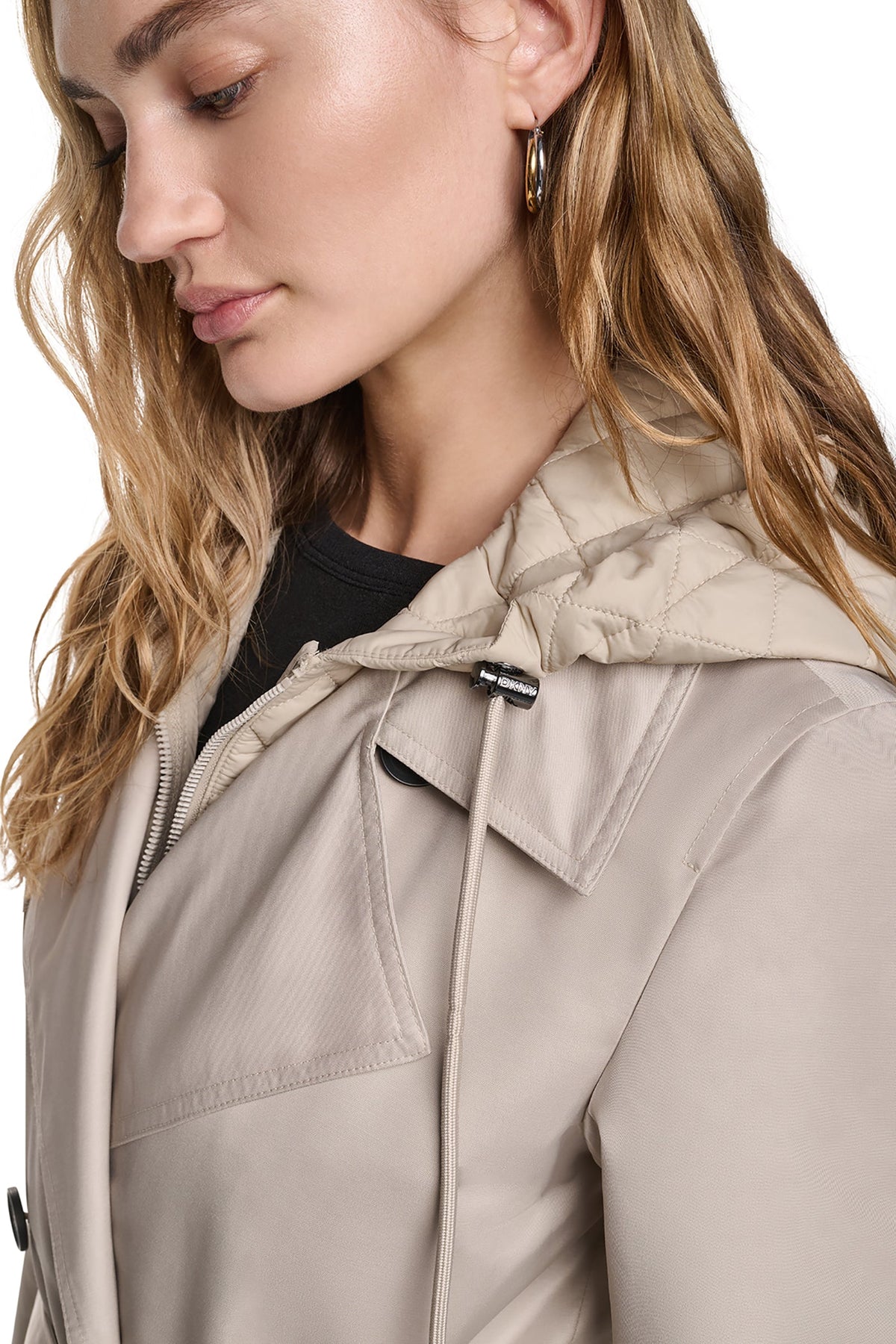 DKNY DOUBLE BREASTED QUILTED HOOD TRENCH