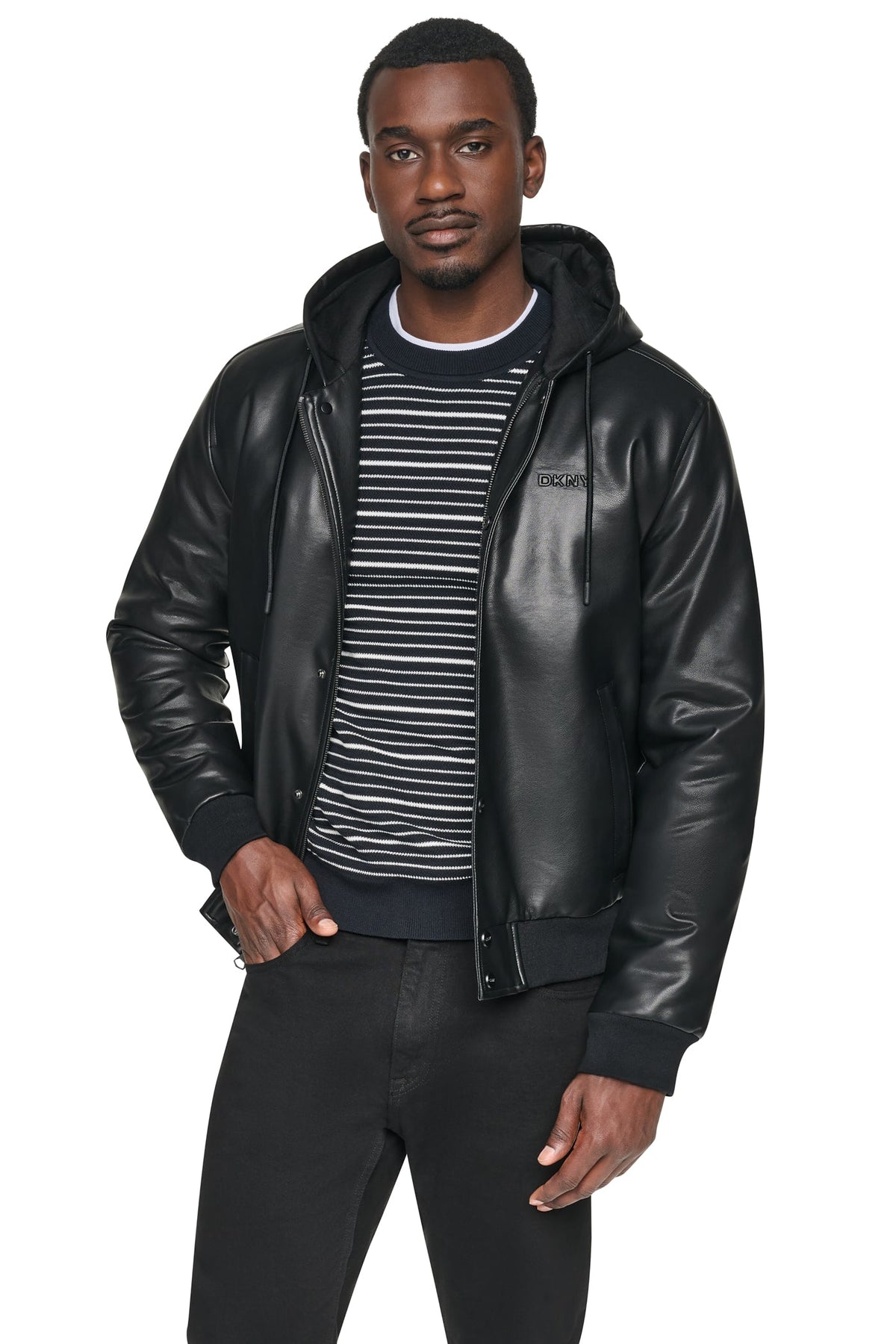 DKNY FAUX LEATHER HOODED BOMBER JACET