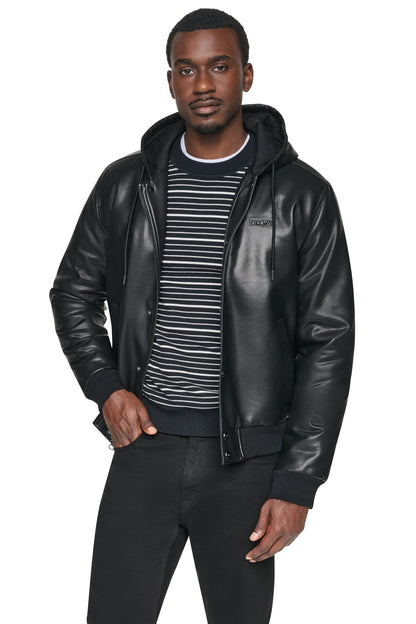 DKNY FAUX LEATHER HOODED BOMBER JACET