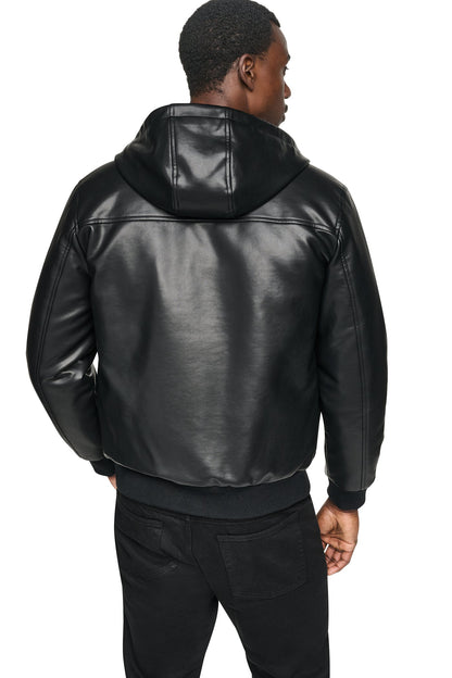 DKNY FAUX LEATHER HOODED BOMBER JACET