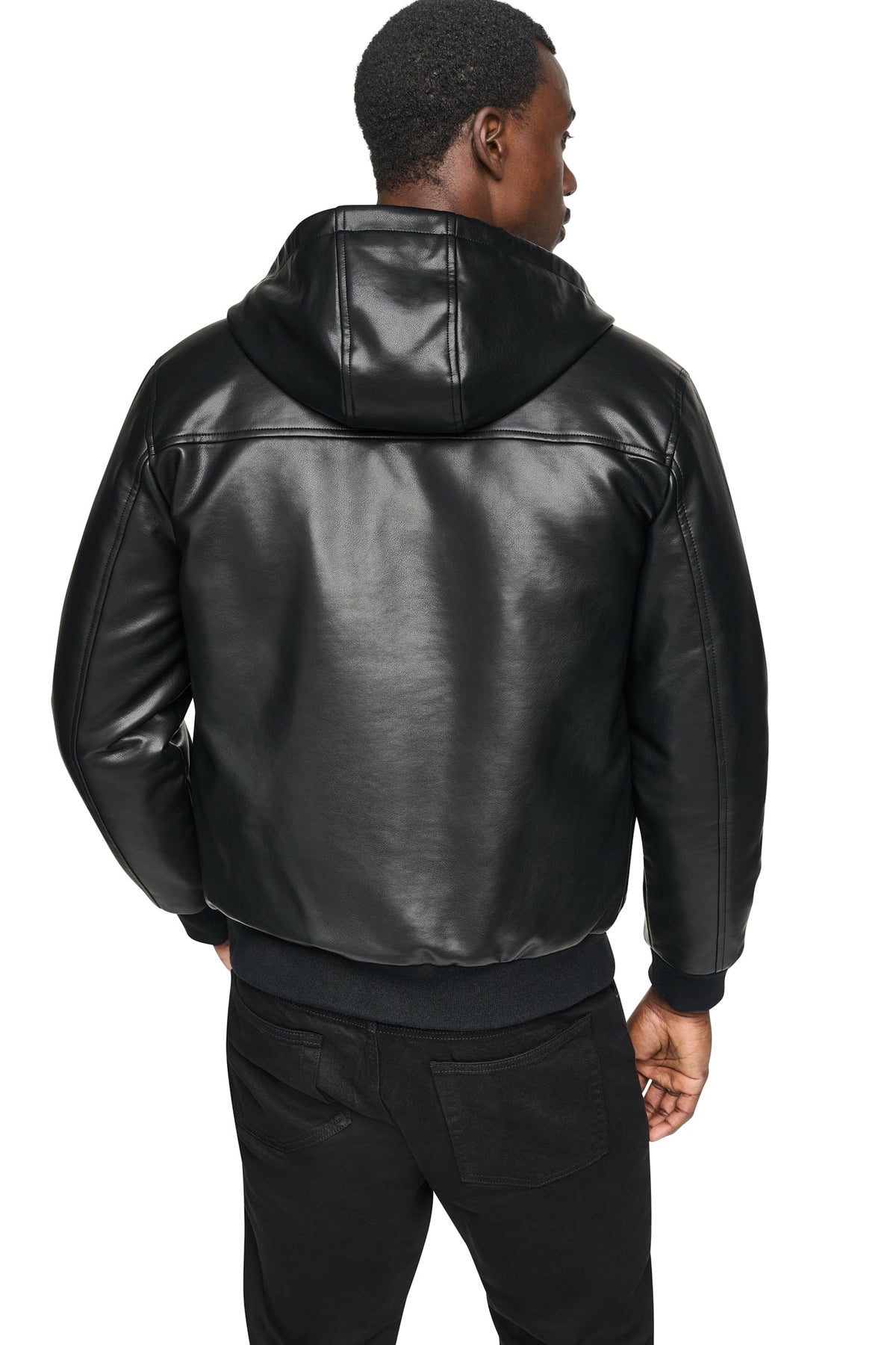 DKNY FAUX LEATHER HOODED BOMBER JACET