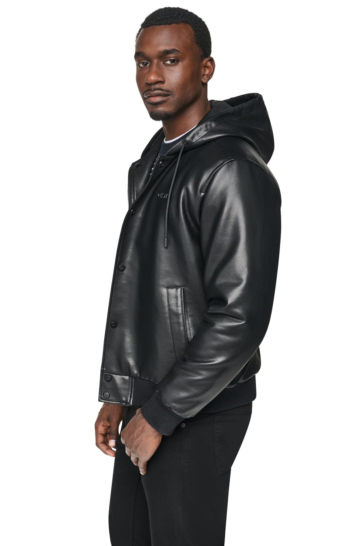 DKNY FAUX LEATHER HOODED BOMBER JACET