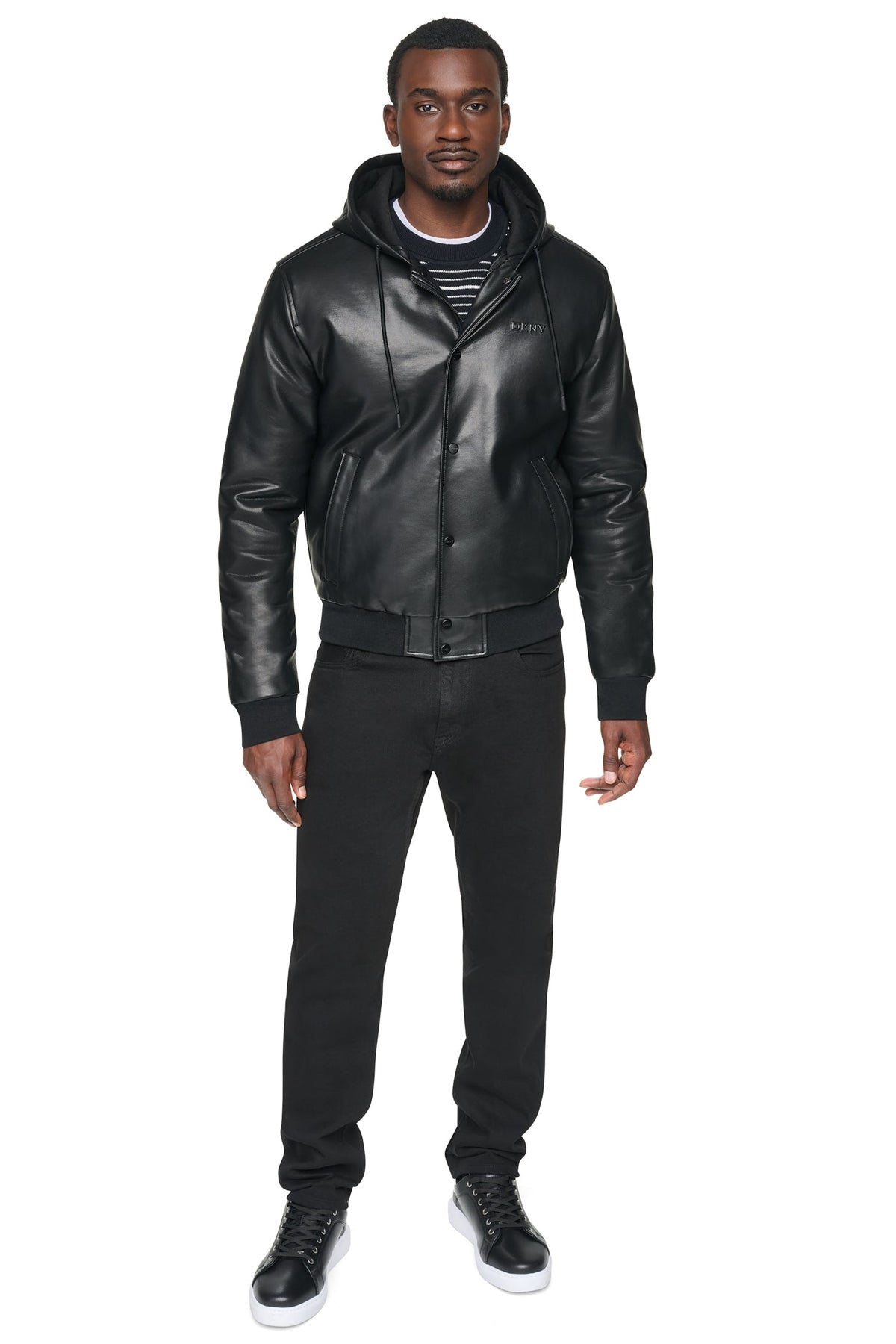 DKNY FAUX LEATHER HOODED BOMBER JACET