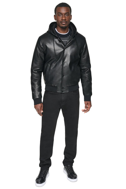 DKNY FAUX LEATHER HOODED BOMBER JACET