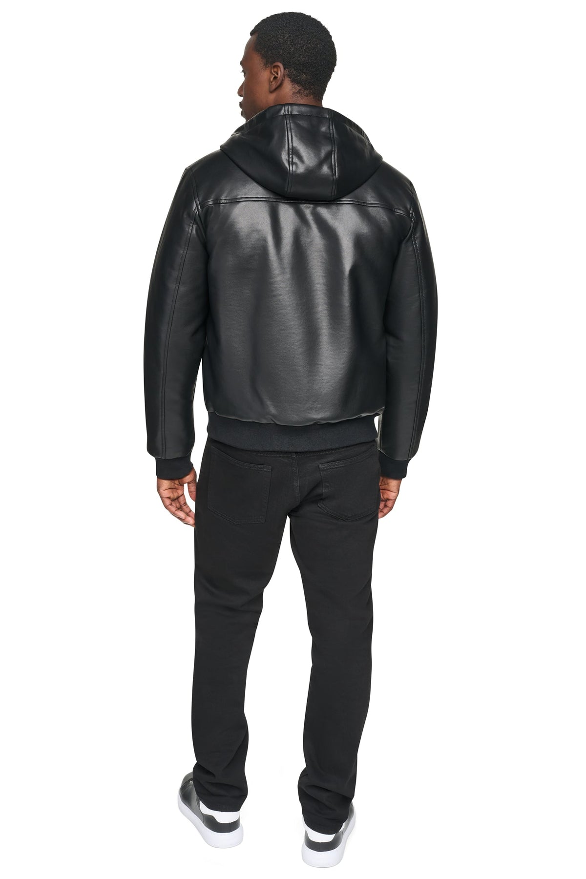 DKNY FAUX LEATHER HOODED BOMBER JACET
