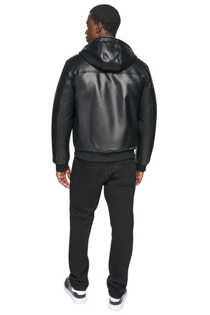 DKNY FAUX LEATHER HOODED BOMBER JACET