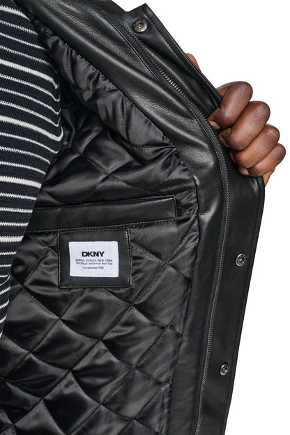 DKNY FAUX LEATHER HOODED BOMBER JACET