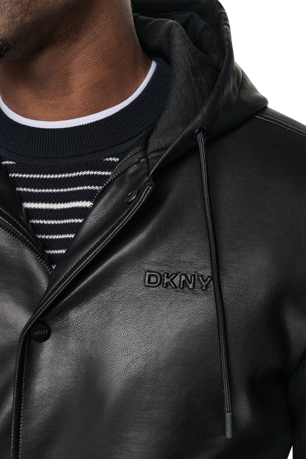 DKNY FAUX LEATHER HOODED BOMBER JACET