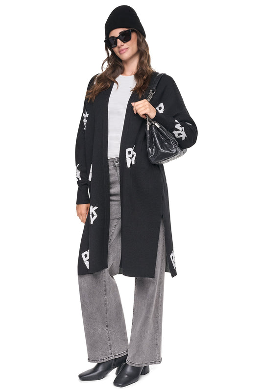 DKNY ALL-OVER STACK LOGO LONG CARDIGAN