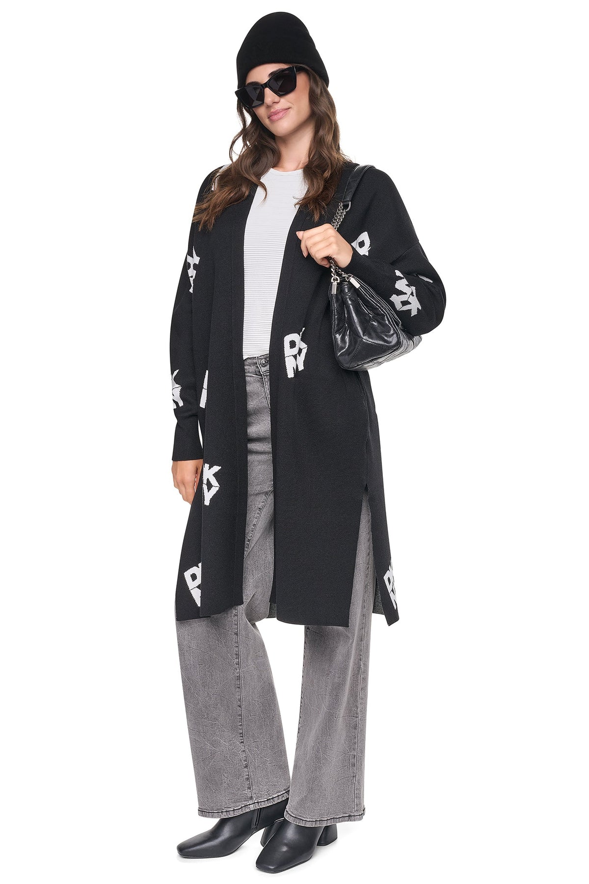 DKNY ALL-OVER STACK LOGO LONG CARDIGAN