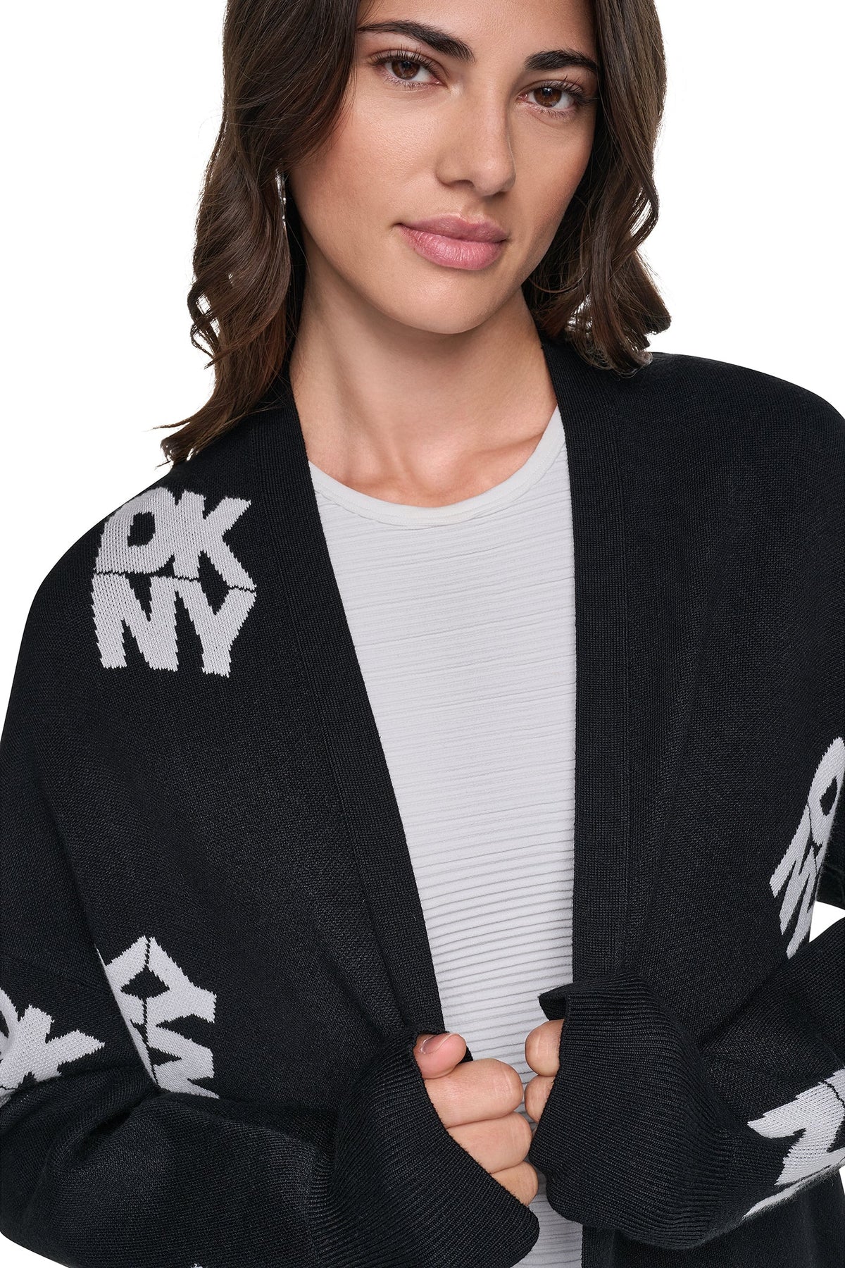 DKNY ALL-OVER STACK LOGO LONG CARDIGAN