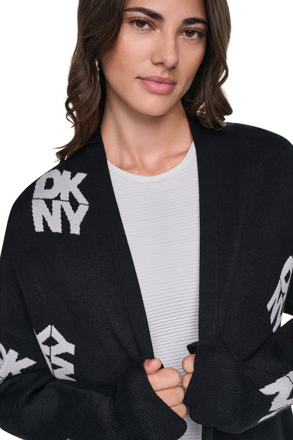 DKNY ALL-OVER STACK LOGO LONG CARDIGAN