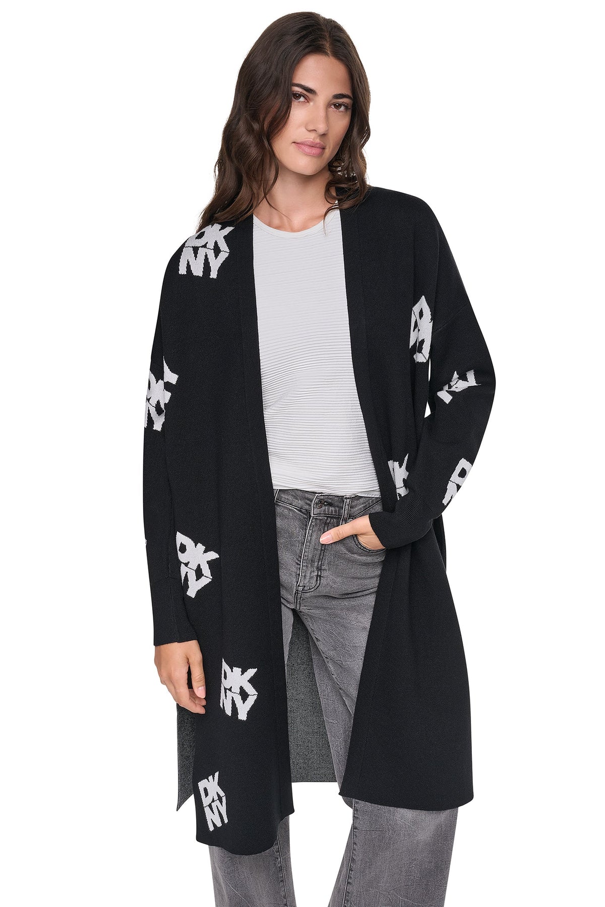 DKNY ALL-OVER STACK LOGO LONG CARDIGAN