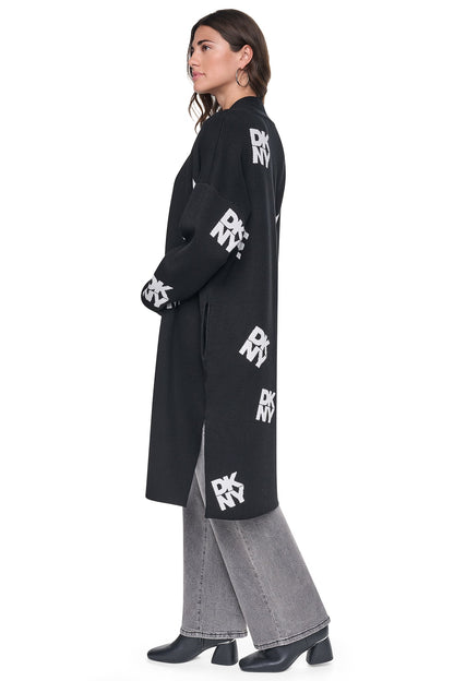 DKNY ALL-OVER STACK LOGO LONG CARDIGAN