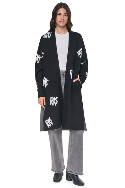 DKNY ALL-OVER STACK LOGO LONG CARDIGAN