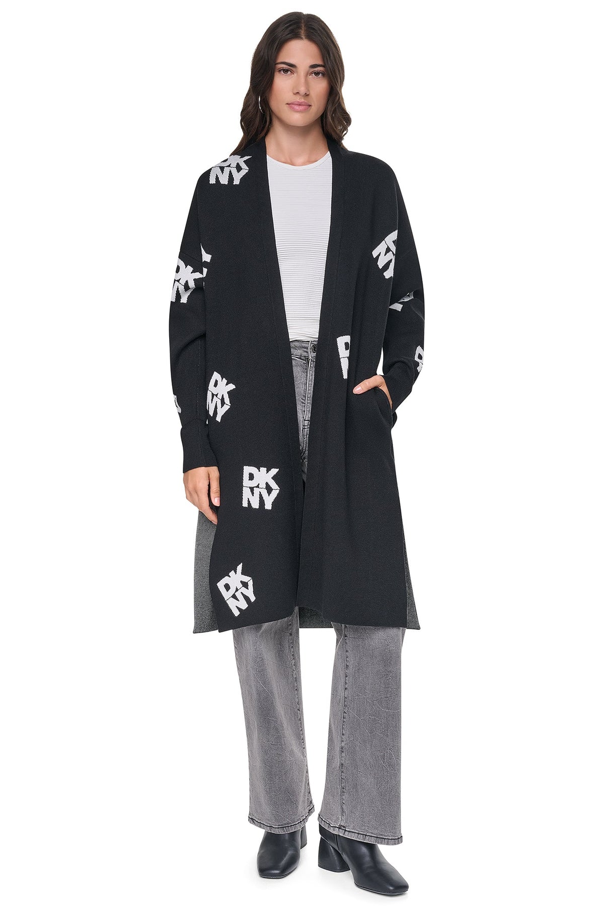 DKNY ALL-OVER STACK LOGO LONG CARDIGAN