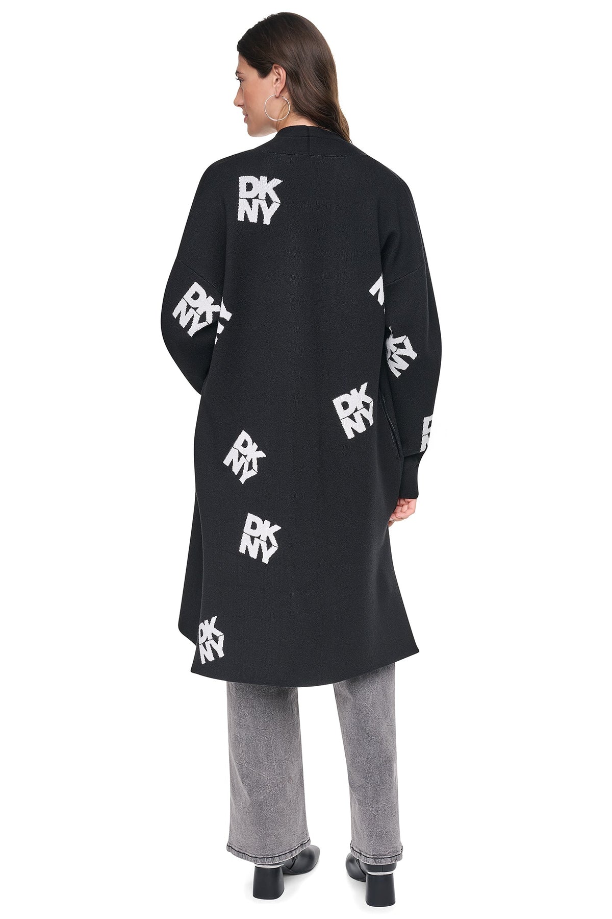 DKNY ALL-OVER STACK LOGO LONG CARDIGAN