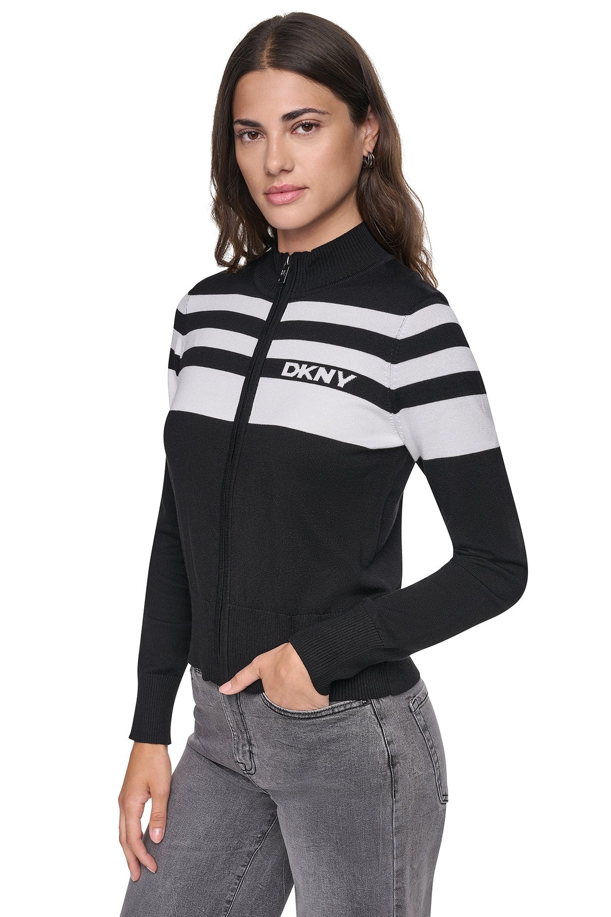 DKNY STRIPED MOCK NECK ZIP SWEATER
