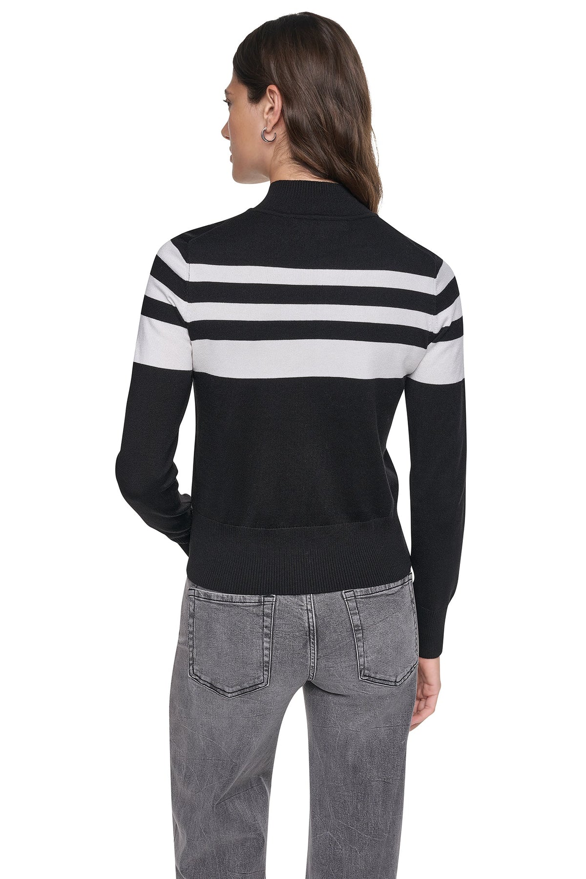 DKNY STRIPED MOCK NECK ZIP SWEATER