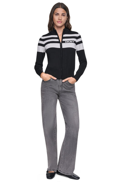 DKNY STRIPED MOCK NECK ZIP SWEATER