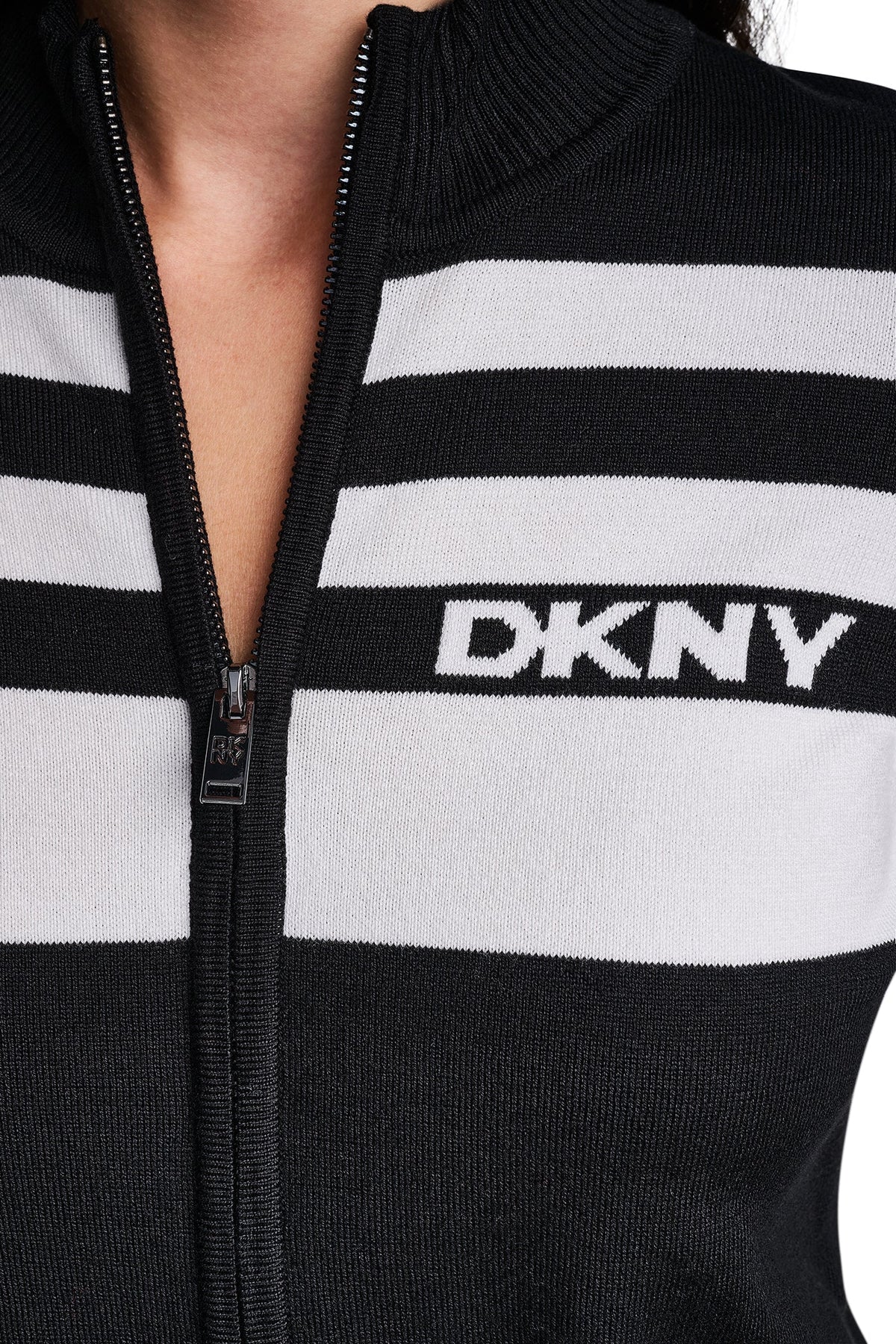 DKNY STRIPED MOCK NECK ZIP SWEATER