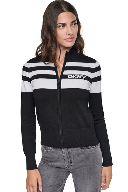 DKNY STRIPED MOCK NECK ZIP SWEATER