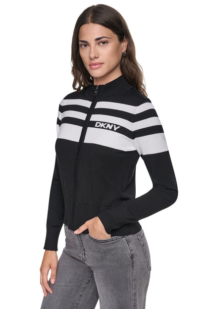 DKNY STRIPED MOCK NECK ZIP SWEATER