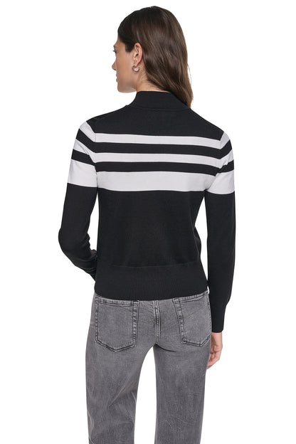 DKNY STRIPED MOCK NECK ZIP SWEATER
