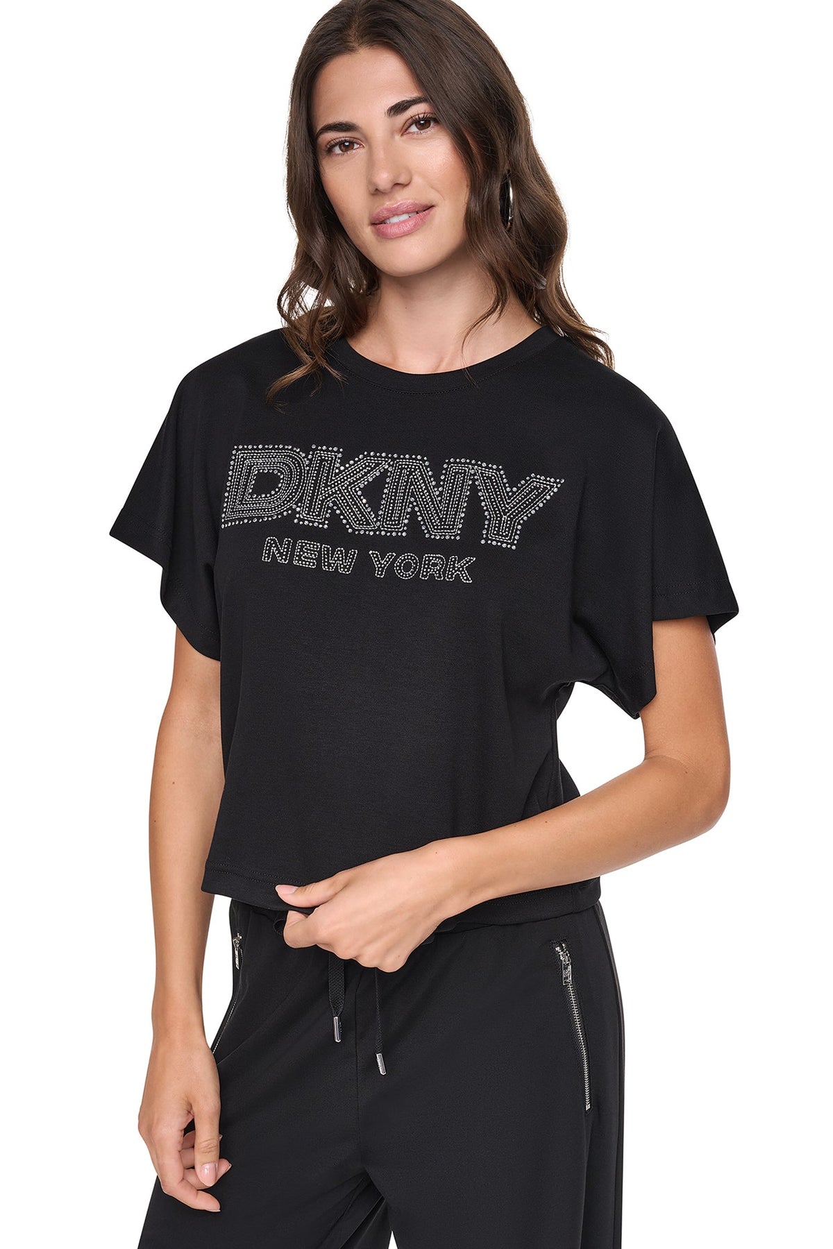 DKNY EMBELLISHED LOGO DOLMAN TEE