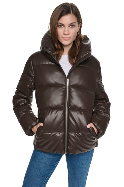 DKNY FAUX LEATHER PUFFER JACKET