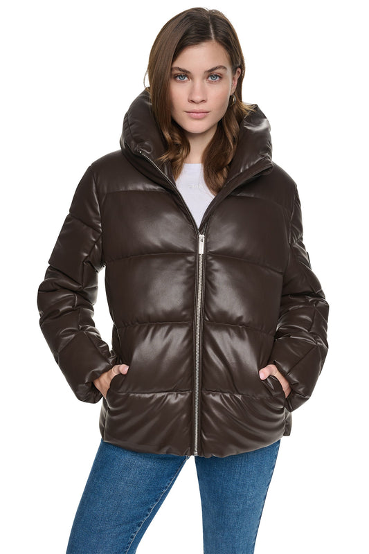 DKNY FAUX LEATHER PUFFER JACKET