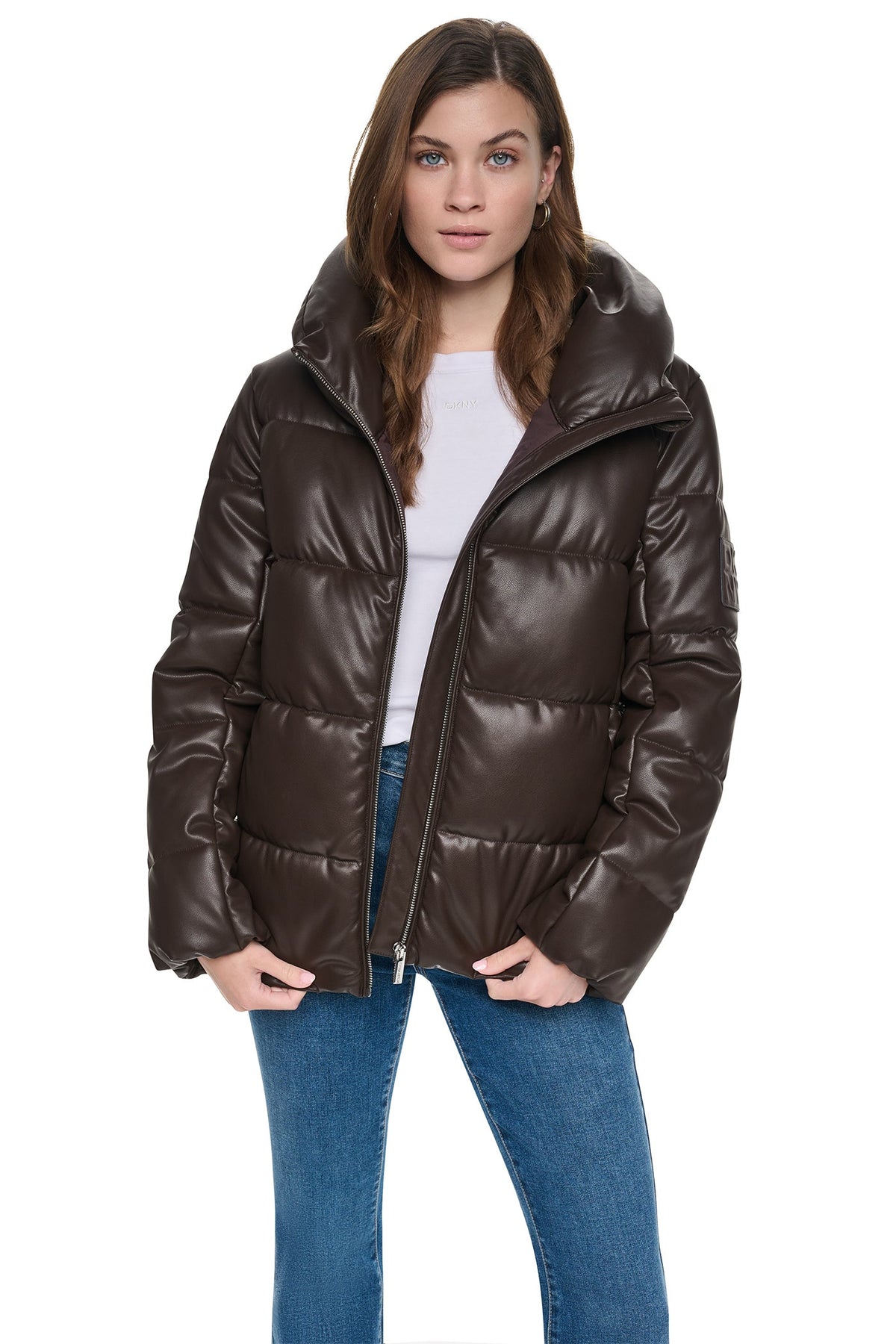 DKNY FAUX LEATHER PUFFER JACKET