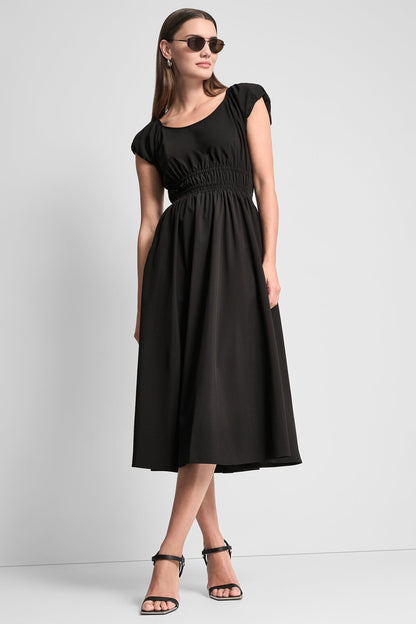 DKNY PUFF SLEEVE FIT & FLARE MIDI DRESS