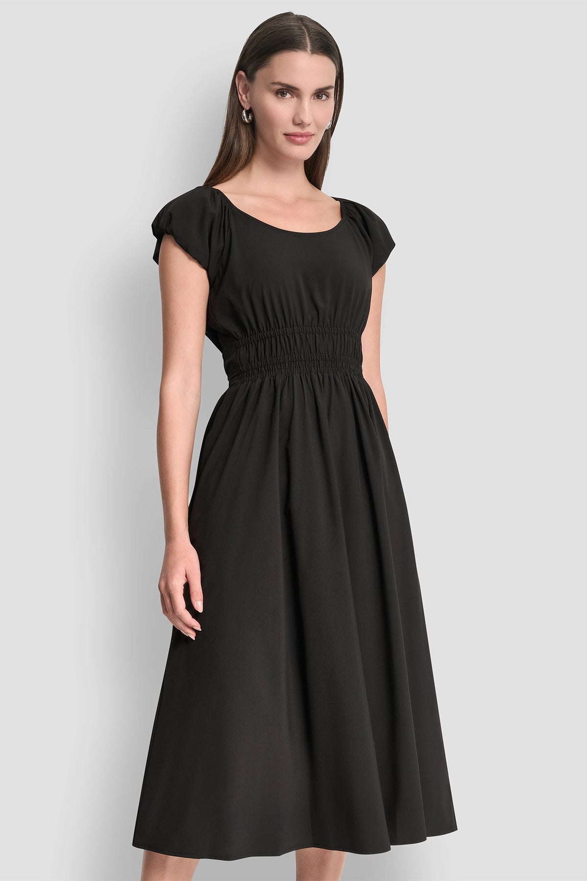 DKNY PUFF SLEEVE FIT & FLARE MIDI DRESS