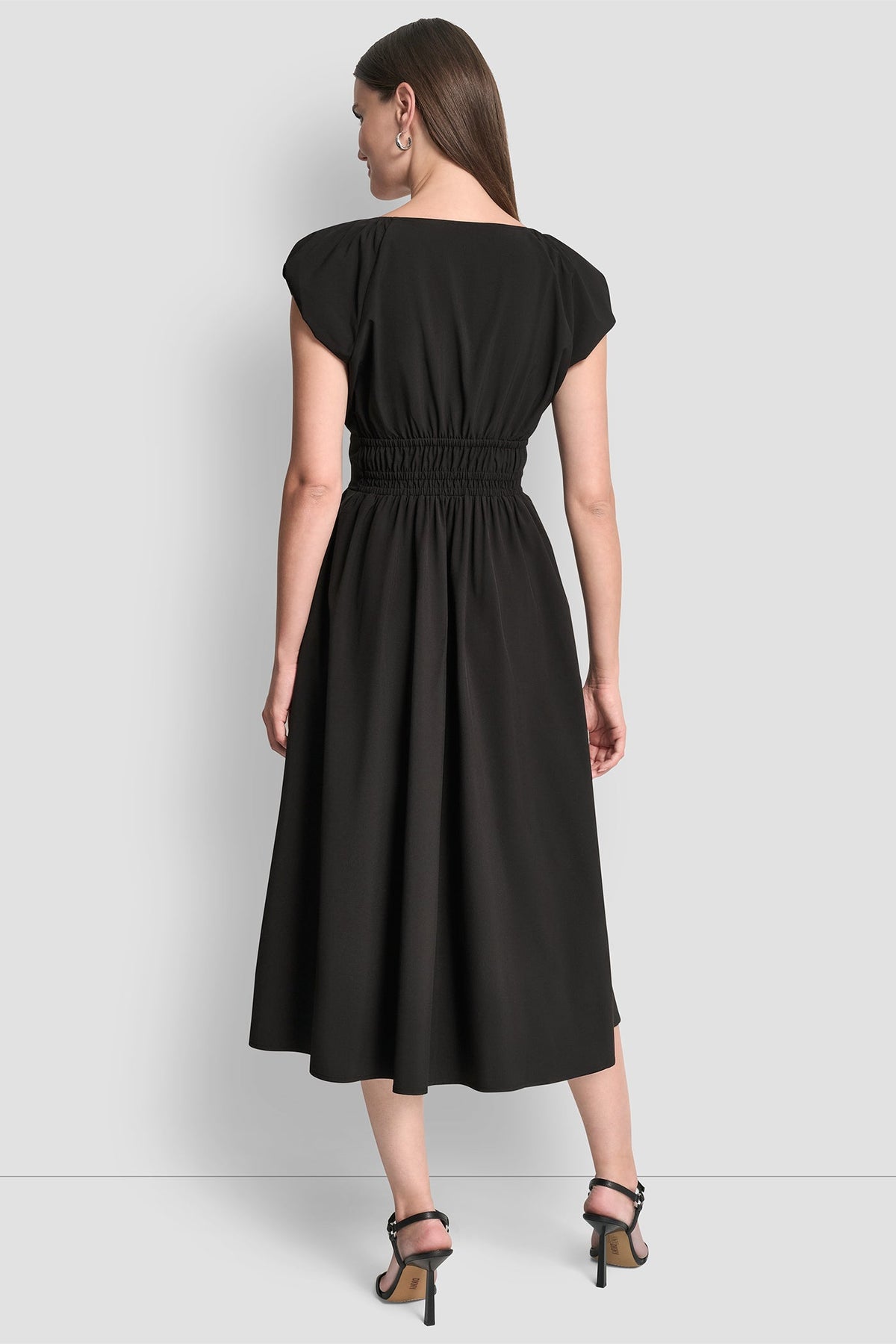 DKNY PUFF SLEEVE FIT & FLARE MIDI DRESS
