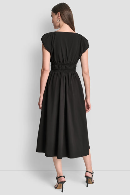 DKNY PUFF SLEEVE FIT & FLARE MIDI DRESS