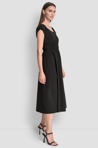 DKNY PUFF SLEEVE FIT & FLARE MIDI DRESS
