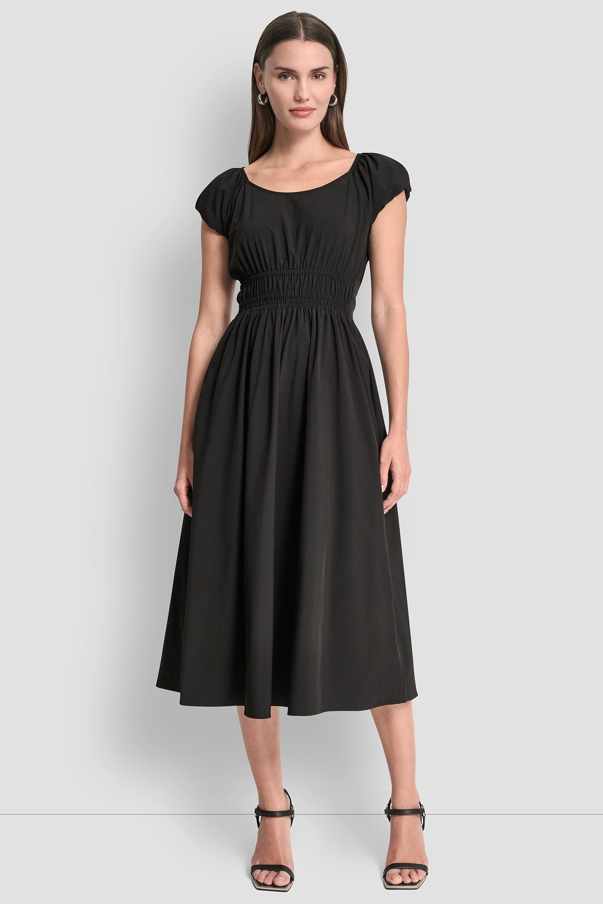 DKNY PUFF SLEEVE FIT & FLARE MIDI DRESS